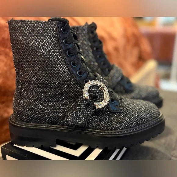 Jimmy Choo Glistening Tweed Embellished Flat Ankle Boots NWOT SZ36.5 US SZ 6.5 - Picture 1 of 12